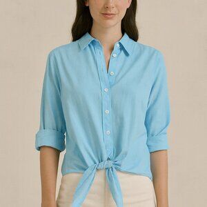 LOFT Sky Blue Linen Blend Button Up Shirt Front Tie Coastal Casual Summer Beachy
